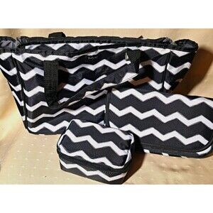 Thirty One Black White Chevron Tote Organizer Cosmetic Bag 3 Piece Lot Retired